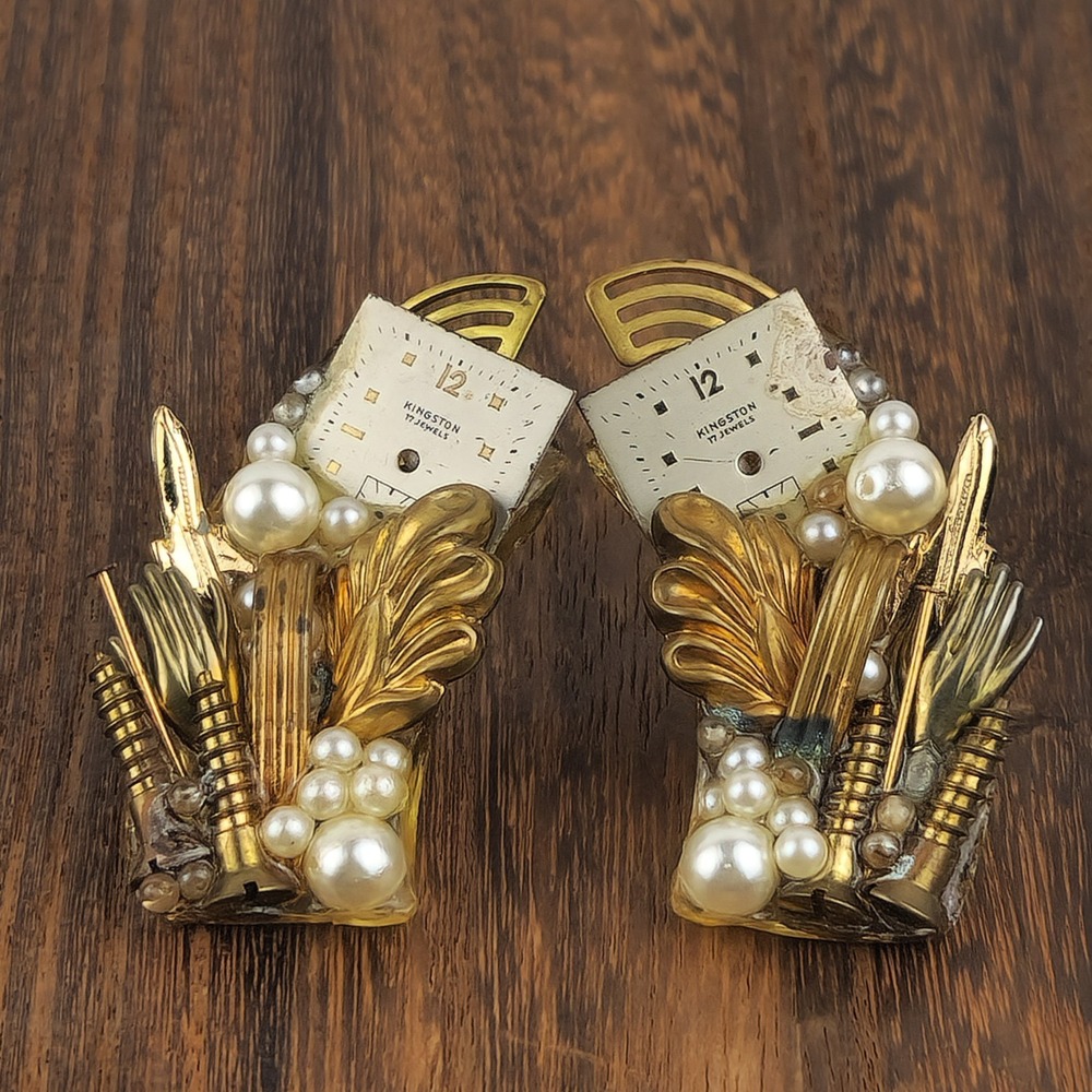 Vintage Maximal Art Clip On Earrings 80s Steampunk